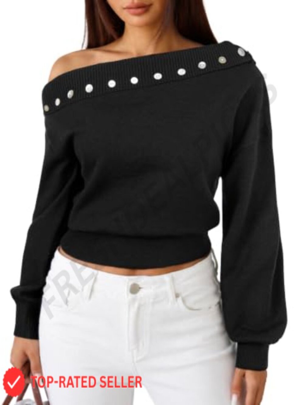 Off Shoulder Studded Crop Sweater Long Sleeve Pullover